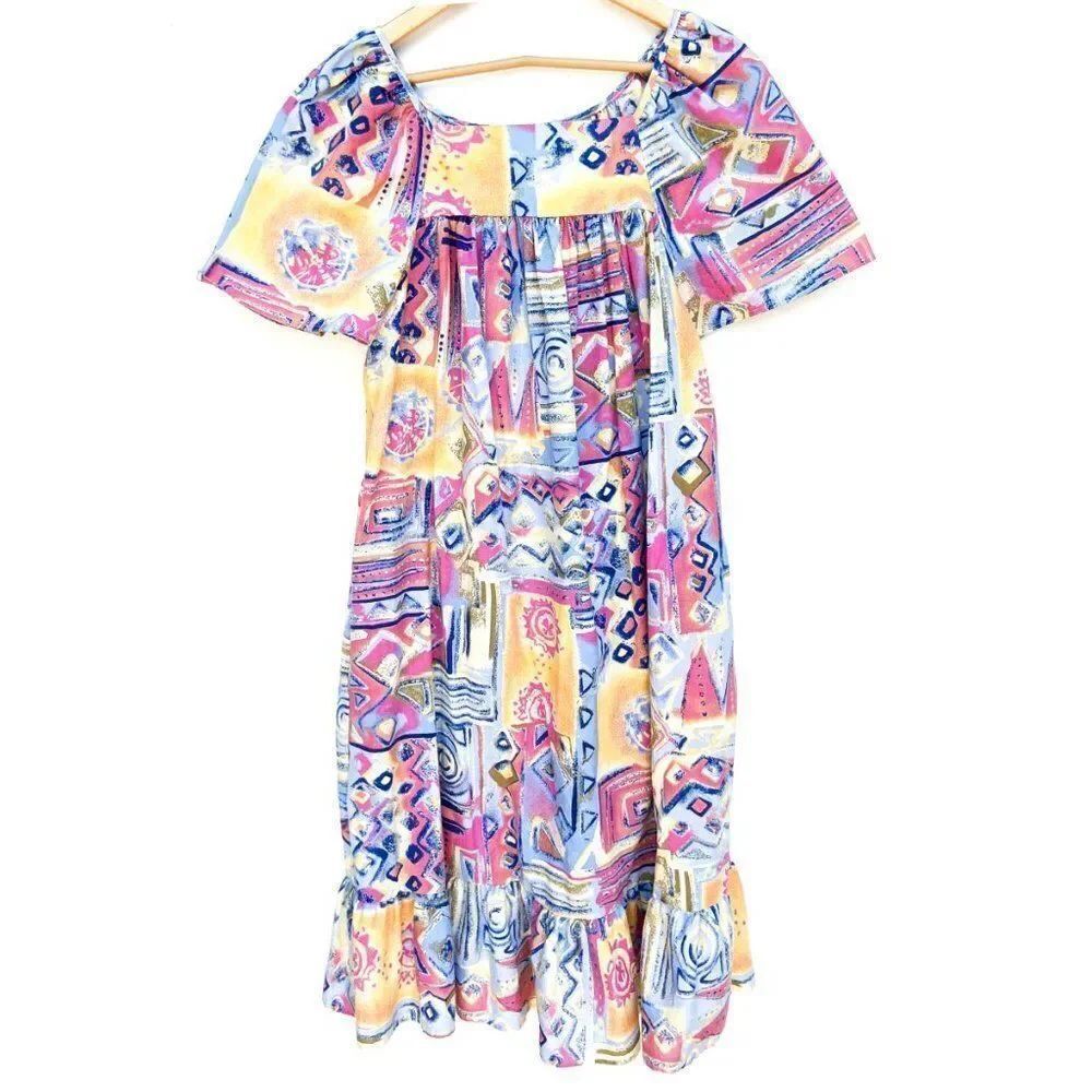 Vintage Handmade Colorful Pastel Abstract Print Short Sleeve Midi Ruffle Dress
